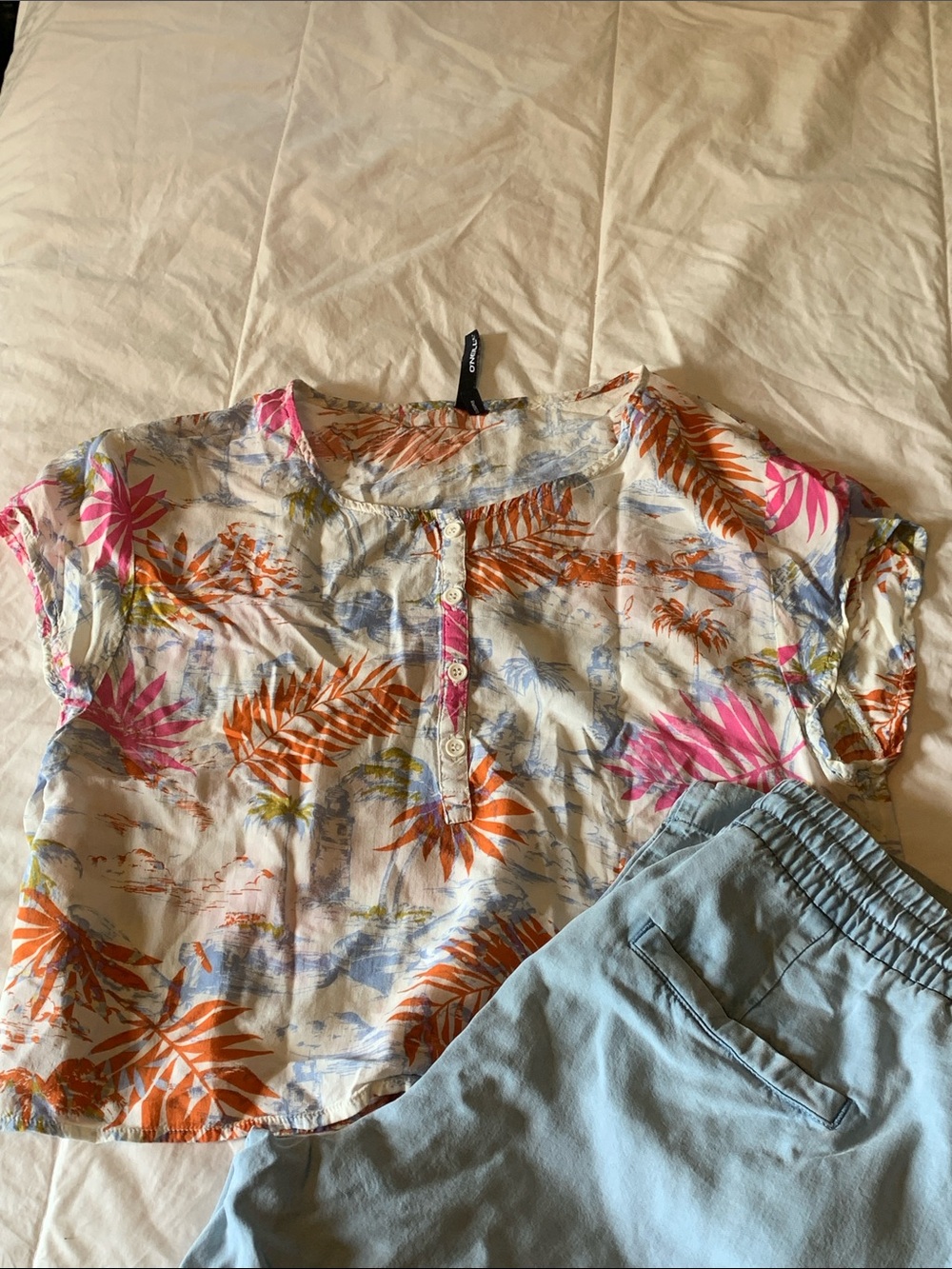 O'Neill Henley Top with Pink & Orange Leaf Print